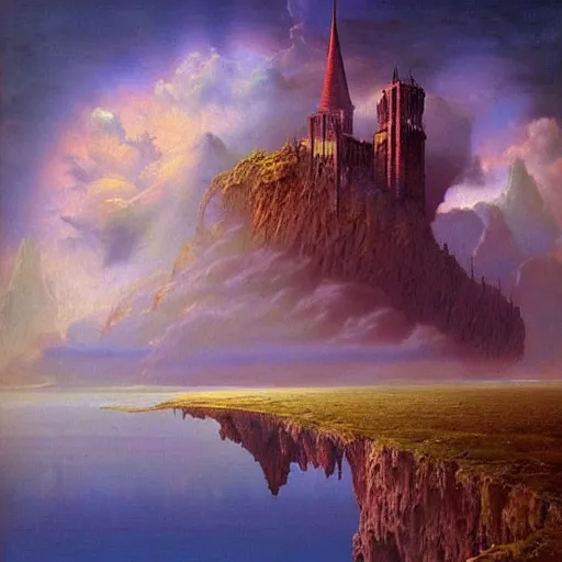 Prompt: by bruce pennington, by tony moore, by thechamba emotive renaissance painting. a beautiful land art of a castle in the clouds.