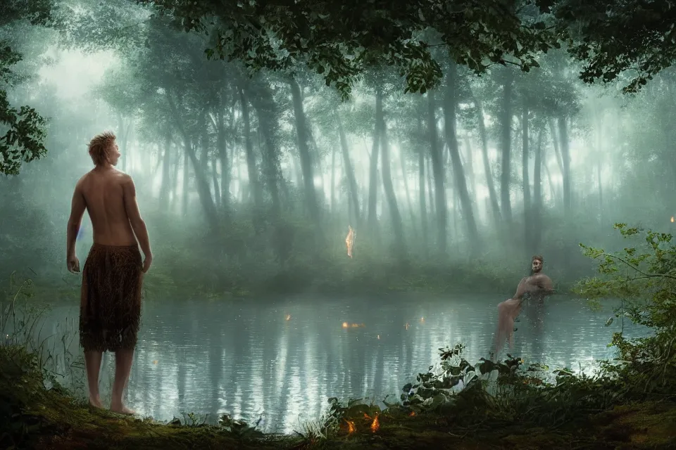 Image similar to fossegrim, scandinavian male water spirit, wearing lace and silk robe, around him is a lake, a forest in the background, fireflies, stars, natural lighting, octane render, super detailed, dusk, vivid colors, 8 k, by artgerm, by greg rutkowski