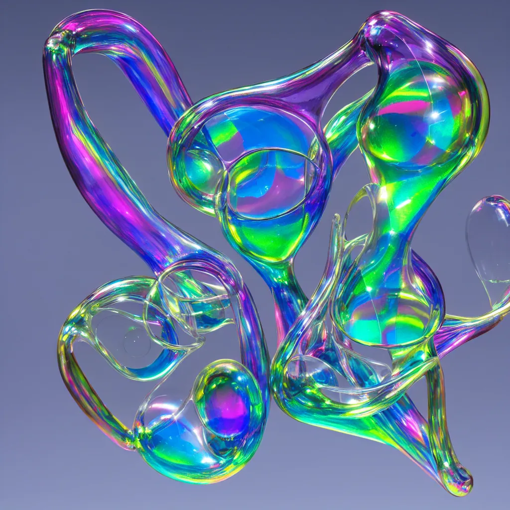 Prompt: unfinished klein bottle sculptural, chroma iridescence, colors, glassy, reflective and refractive, soap bubbles floating, baroque architecture