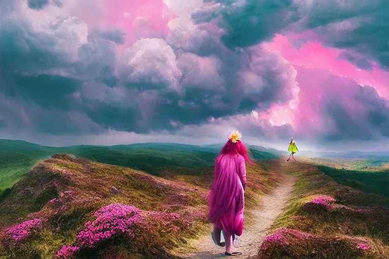 Prompt: giant dahlia flower crown head on girl walking on mountain, surreal photography, pink storm clouds, dramatic light, impressionist painting, digital painting, artstation, simon stalenhag