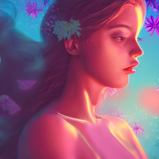 Image similar to high detail portrait of a beautiful woman with her hair down, vaporwave lighting, concept art, soft floral background, beautiful