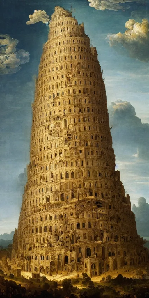 Image similar to baroque oil painting of : the elaborate ornate “ tower of babel ” is extremely tall and rises high above the mountains and the clouds all the way to heaven with golden rays of sunlight. photorealistic historical art with many small details ; heavenly ; majestic ; glorious ; beautiful.