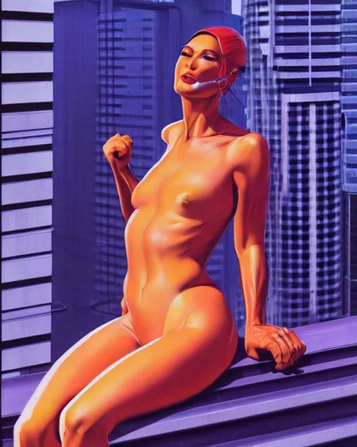 Image similar to a picture of a woman sitting on a ledge, cyberpunk art by boris vallejo and by syd mead and by hiroshi nagai, cgsociety, figurative art, airbrush art, made of liquid metal, synthwave