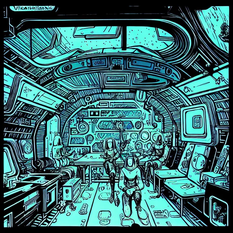 Prompt: ancient alchemist wizards laboratory inside of a spaceship, high details, lineart, by vincent di fate, inking, 3 color screen print, masterpiece, trending on artstation, sharp, high contrast, hyper - detailed, hd, 4 k, 8 k