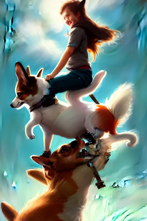 Image similar to tiny cat girl riding on the back of a giant corgi by greg rutkowski