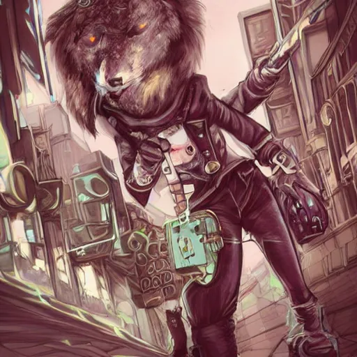 Image similar to beautiful furry art portrait commission of a furry anthro wolf fursona wearing punk clothes in the streets of a cyberpunk city. character design by charlie bowater, ross tran, rick griffin, miles df, detailed, inked, western comic book art