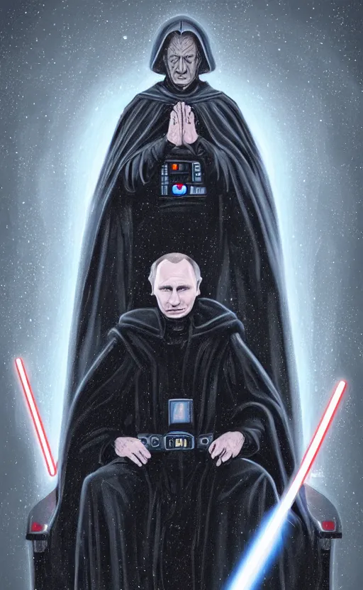 Prompt: comic style portrait shot of vladimir putin as emperor palpatine on the throne in the star wars, elegant, highly detailed, digital painting, artstation, illustration,