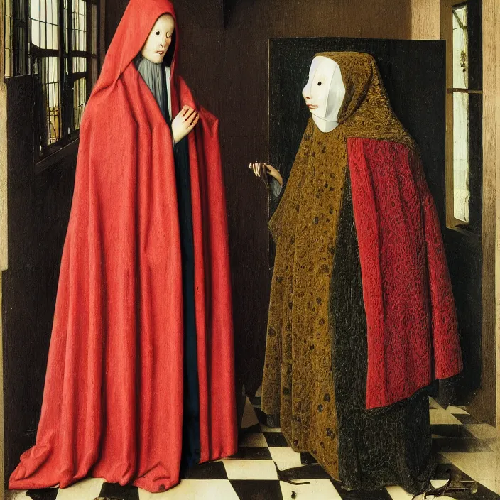 Prompt: a robot wearing a hooded cloak, by Jan van Eyck