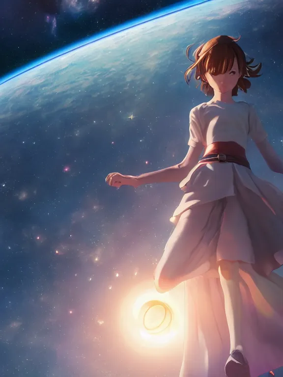 Image similar to one single godly, wise, powerful giant girl wearing a skirt in space holding a model of a Saturn in her left hand. Soft lighting, cosmic skies, stunning, 8K, no planets, octane render. By Makoto Shinkai, Stanley Artgerm Lau, WLOP, Rossdraws, James Jean, Andrei Riabovitchev, Marc Simonetti, krenz cushart, Sakimichan, D&D trending on ArtStation, digital art.