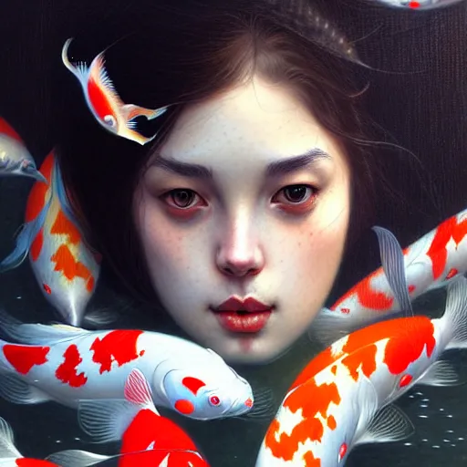 Image similar to Portrait of a girl surrounded by Koi fish, face, fantasy, intricate, elegant, highly detailed, digital painting, artstation, concept art, smooth, sharp focus, illustration, art by Heady Tale and Artem Demura and Norman Rockwell