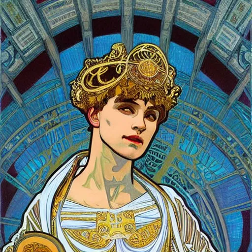 Image similar to an ornate white and gold acrylic painting of a roman emperor, in the style of alphonse mucha