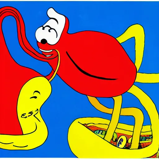 Image similar to A giant squid holding a yellow submarine, artist is Dr Seuss, vivid colors, kinetic, action shot,