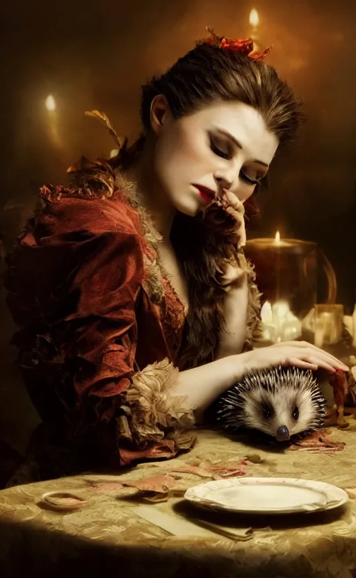 Image similar to a beautiful lady vampire falling asleep at a table, cinematic, art, epic, digital masterpiece, romantic lighting, pet hedgehog