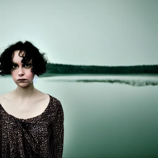 Image similar to portrait of a woman standing in a lake, short black curly hair, by marat safin