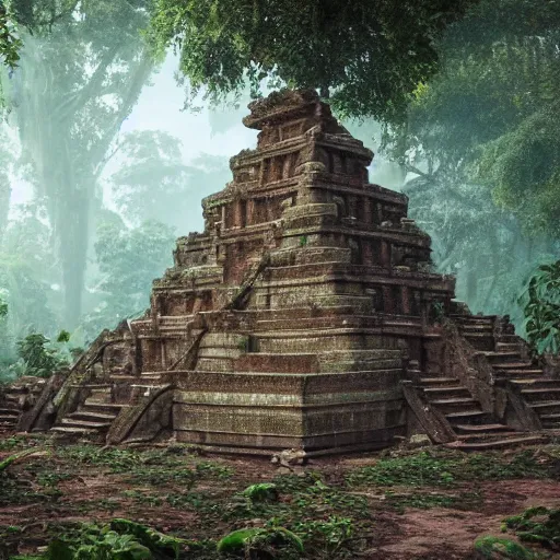 Image similar to The Lost Temple: An ancient temple that has been lost in the jungle for centuries. It's said to be guarded by a vicious tribe of savages. octane render, 8k