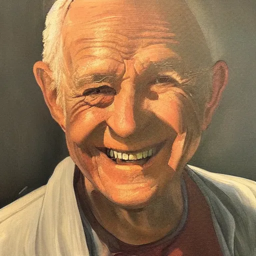Prompt: painting of a smiling old man with dramatic lighting