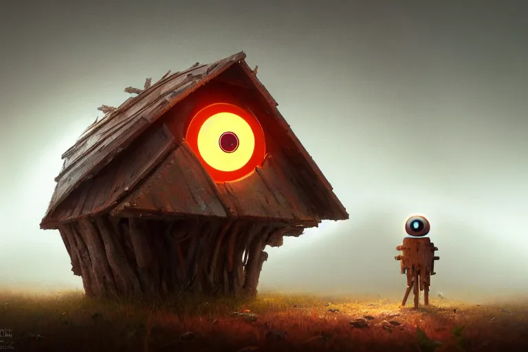 Image similar to a walking wood house with two mechanical legs and two glowing eyes, rust, hyperrealistic, pareidolia, highly detailed, cinematic, single ray of sun, fog, beautiful, cgssociety, artstation, 8 k, oil painting