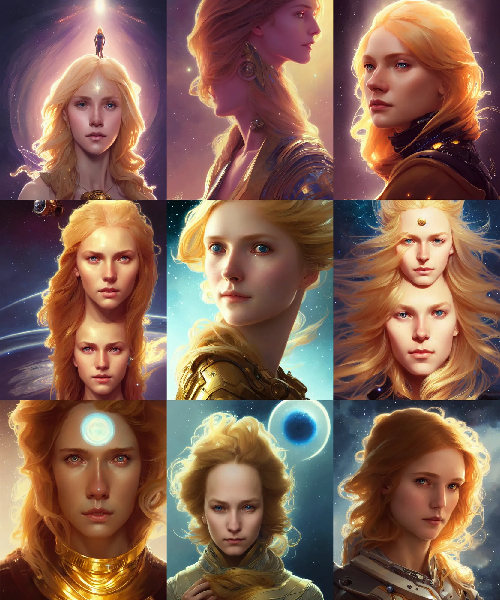 Prompt: portrait of a gallent golden haired girl with open third eye, sci - fi face, space background, elegant, highly detailed, digital painting, artstation, concept art, smooth, sharp focus, illustration, art by artgerm and greg rutkowski and alphonse mucha