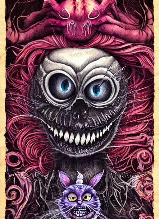 Prompt: cheshire cat death tarot card, highly detailed, half skull face, cinematic, 8 k, bymegan duncanson, benjamin lacombe, naoto hattori, adrian borda, giger, trending on deviantart, hyper detailed, horror, full of colour