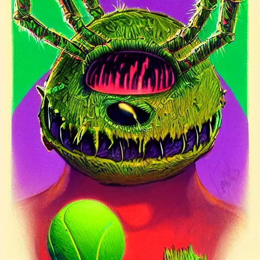 Image similar to a tennis ball monsters ,spider, colorful, digital art, fantasy, magic, trending on artstation, ultra detailed, professional illustration by Basil Gogos