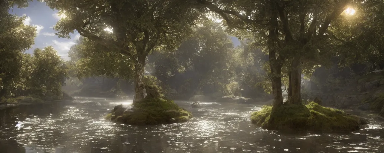 Image similar to of heaven with a river of the water of life, clear as crystal, flowing from the throne of god and of the lamb, in the middle of its street on either side of the river was the tree of life, by daniel f. gerhartz and matt stewart, fantasy, photorealistic, octane render, unreal engine, dynamic lighting