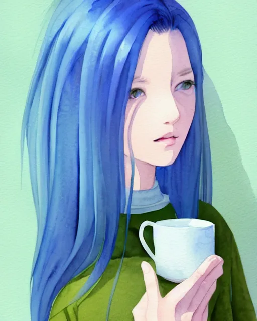 Prompt: watercolor painting of a pretty girl with Blue hair, wearing an oversized sweater, sitting by a windowsill, night, holding a mug of hot tea. In the style of ilya kuvshinov, dramatic lighting, fantasy, intricate, elegant, highly detailed, lifelike, photorealistic, digital painting, bokeh, HDR, high resolution, artstation, concept art, smooth, sharp focus, art by Krenz Cushart and Albert Aublet