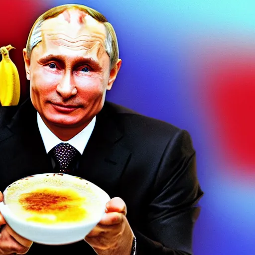 Image similar to vladimir putin endorsing a creme brulee with banana slice on top, digital art