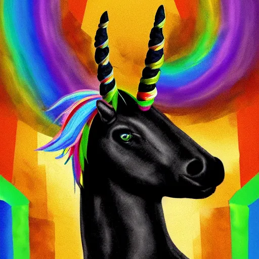 Image similar to digital illustration of a black punk rock unicorn with a rainbow mohawk, deviantArt, artstation, artstation hq, hd, 4k resolution