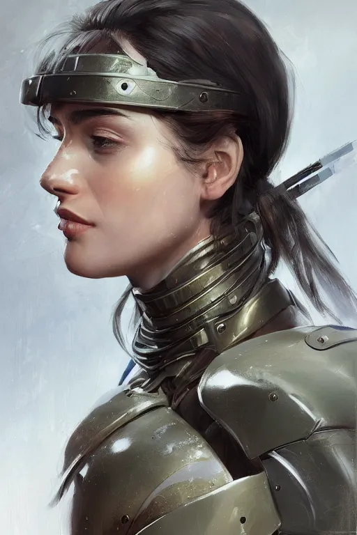 Image similar to a professionally painted portrait of an attractive young woman, clothed in military armor, olive skin, long dark hair, beautiful bone structure, symmetrical facial features, intricate, elegant, digital painting, trending on Artstation, concept art, smooth, sharp focus, illustration, from Metal Gear by Ruan Jia and Mandy Jurgens and Artgerm and William-Adolphe Bouguerea, award winning