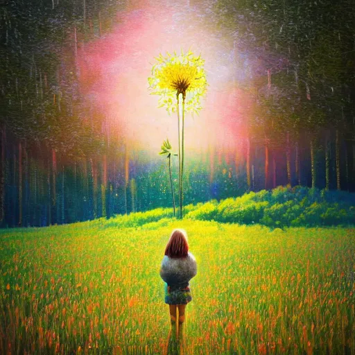 Image similar to girl with dandelion face, surreal photography, dream, standing in flower field, hills, big trees, sunrise dramatic light, impressionist painting, colorful clouds, digital painting, pointillism, artstation, simon stalenhag