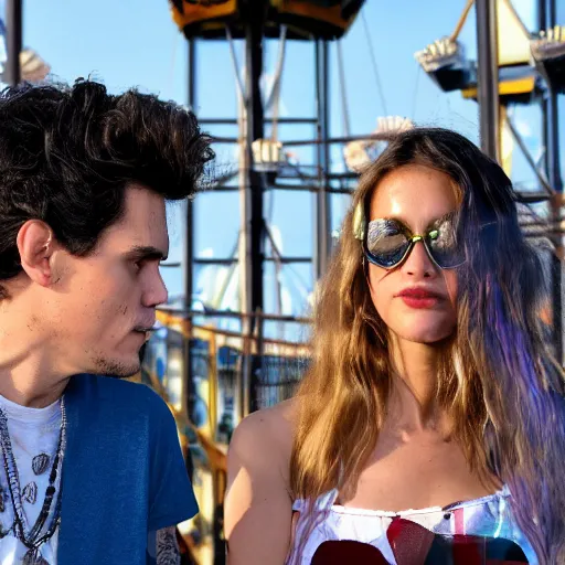 Image similar to john mayer on a ferris wheel making out with his model girlfriend in the middle of an amusement park. people have their families with them. it was the most awkward scene to ever happen to them. cinematic 8 k