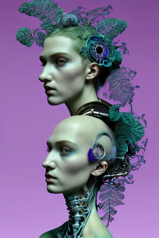 Prompt: complex 3d render ultra detailed of a beautiful porcelain profile Grimes face with long hair, biomechanical cyborg, analog, 150 mm lens, beautiful natural soft rim light, big leaves and stems, roots, fine foliage lace, transparent violet green blue details, massai warrior, Alexander Mcqueen high fashion haute couture, pearl earring, art nouveau fashion embroidered, steampunk, intricate details, mesh wire, mandelbrot fractal, anatomical, facial muscles, cable wires, microchip, elegant, hyper realistic, ultra detailed, octane render, H.R. Giger style, volumetric lighting, 8k post-production