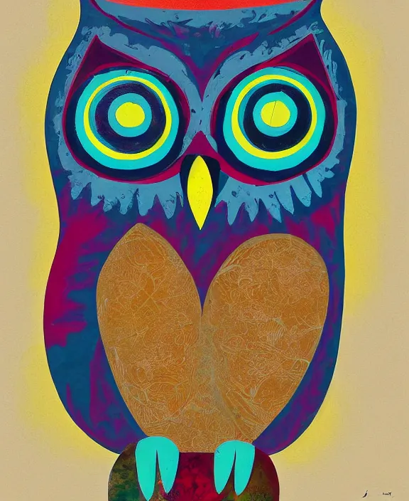 Prompt: owl, mixed media, abstract on canvas, gouache paint, matte colors, nostalgiacore, vintage, 1 9 5 0's decor, retro, intricate maximalism, flat shading, voronoi, groovy, low fi,