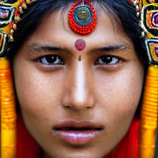 Image similar to portrait of a stunningly beautiful alluring nepalese tribal female, depth of field, zeiss lens, detailed, symmetrical, centered, fashion photoshoot, by annie leibovitz and steve mccurry, david lazar, jimmy nelsson, breathtaking, 8 k resolution, extremely detailed, beautiful, establishing shot, artistic, hyperrealistic, beautiful face, octane render