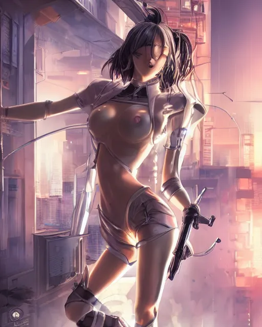 Image similar to The successful warrior is the average man, with laser-like focus, artwork by artgerm, anime style art, art by Masamune Shirow, cyberpunk streets in Japan, elegant, seductive, ssci-fi, high fantasy, CGsociety, full length, exquisite detail, post-processing, low angle, masterpiece, mystical, magical