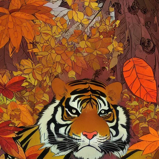 Image similar to a highly detailed portrait of cartoon tiger, sweating and flapping fan, autumn leaves on the ground, concise lines, ultradetailed environment, sharp focus, cinematic lighting, character art, 8 k, by alphonse maria mucha and kim jung gi