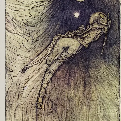 Image similar to Liminal space in outer space by Arthur Rackham, colored