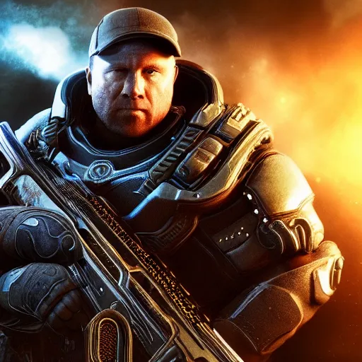 Image similar to Alex Jones in Gears of War, splash art, movie still, cinematic lighting, dramatic, octane render, long lens, shallow depth of field, bokeh, anamorphic lens flare, 8k, hyper detailed, 35mm film grain