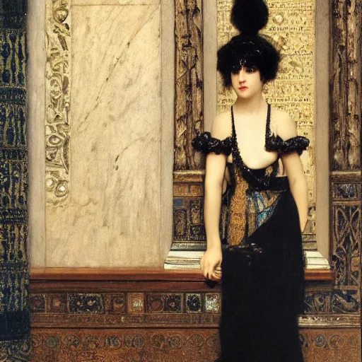 Image similar to Goth girl by Mario Testino, oil painting by Lawrence Alma-Tadema, masterpiece