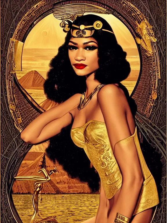 Prompt: Zendaya as Bast the Egyptian goddess, a beautiful art nouveau portrait by Gil elvgren, moonlit Nile river environment, centered composition, defined features, golden ratio, intricate gold jewlery featured in vogue, skincare, makeup