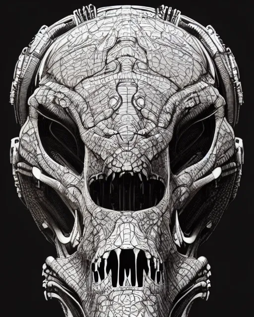 Prompt: intricate mechanical robot trex dinosaur skull, transformer, symmetrical illustration, bold line symmetrical illustration by peter gric, hr giger, kim jung gi, joe fenton, scifi, screen print, trending on art station, sharp, high contrast, ultrafine hyper detailed,