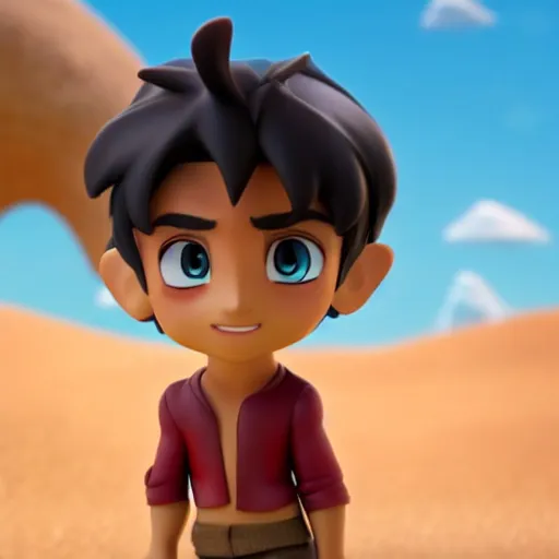 Image similar to profile view of young aladdin as nendoroid walking in a desert in the croods movie style, anime, disney, pixar, 8 k, hd, dof, kodak film, volumetric lighting, subsurface scattering, photorealistic, octane render, details