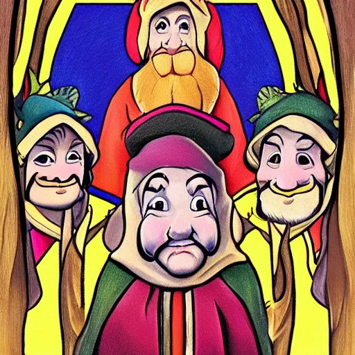 Prompt: seven dwarves in catholic religious garb with halos, background of poison apples, digital painting, glow art nouveau