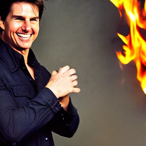 Image similar to Tom Cruise laughing in a house he set on fire, flaming background, overexposed photograph