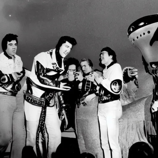 Image similar to photograph of elvis meeting aliens from another world, in alien spaceship