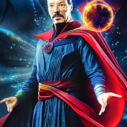 Image similar to conrad adenauer as dr. strange. detailed face. award winning photograph. 4 k natural color.