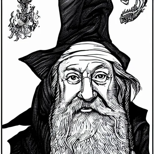 Image similar to Dumbledore coloring book page, black and white