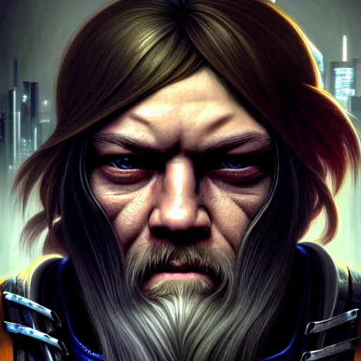 Image similar to portrait painting of a cyberpunk dwarf biker that looks like norman reedus, ultra realistic, concept art, intricate details, eerie, highly detailed, photorealistic, octane render, 8 k, unreal engine. art by artgerm and greg rutkowski and charlie bowater and magali villeneuve and alphonse mucha