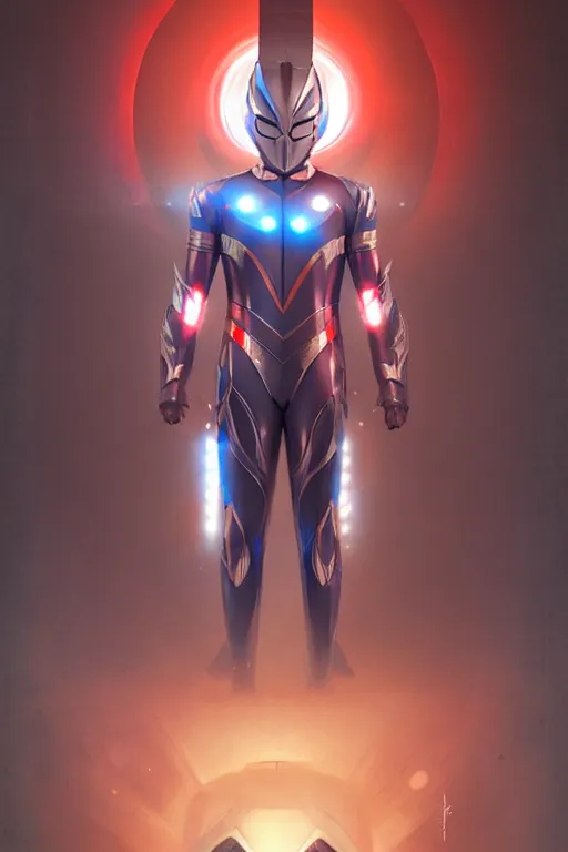 Image similar to poster of a ultraman with japanese armor and helmet, symmetrical, art by greg rutkowski, matte painting, trending on artstation