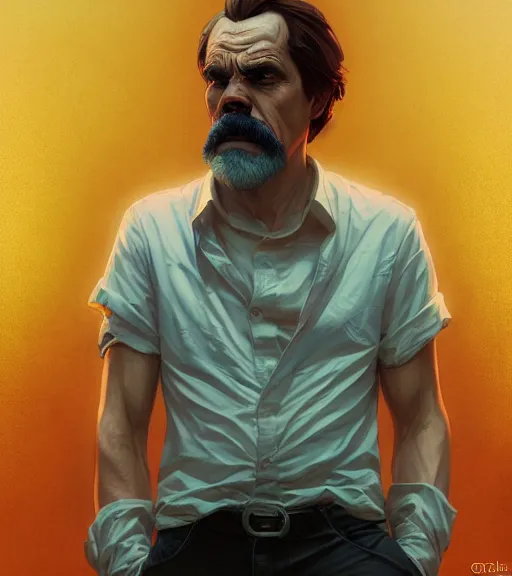 Image similar to Highly detailed portrait of Nietzsche in GTA V, Stephen Bliss, unreal engine, fantasy art by Greg Rutkowski, Loish, Rhads, ferdinand knab, Makoto Shinkai and Lois van baarle, ilya kuvshinov, rossdraws, Tom Bagshaw, global illumination, radiant light, detailed and intricate environment